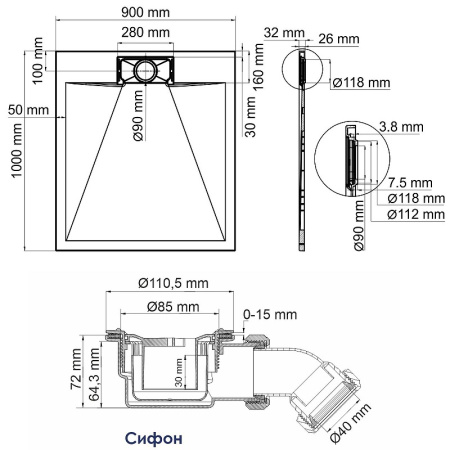 Душевой поддон WasserKRAFT Elbe 100x90 74T22