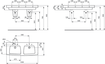 Раковина Ideal Standard Ventuno T002001, прямоугольная, двойная, 130 см