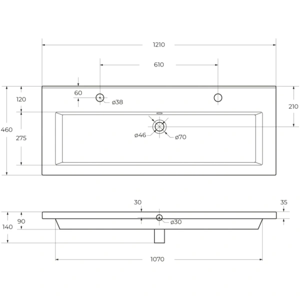 Керамическая раковина с двумя отверстиями под смеситель CEZARES CZR-8070-120-1-2