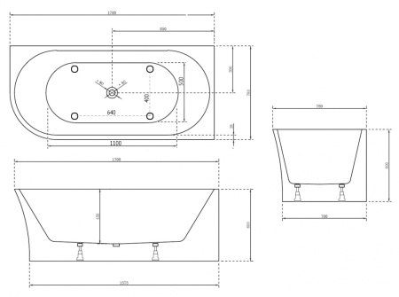 Акриловая ванна (170х78) ABBER AB9257-1.7 R без гидромассажа, белый