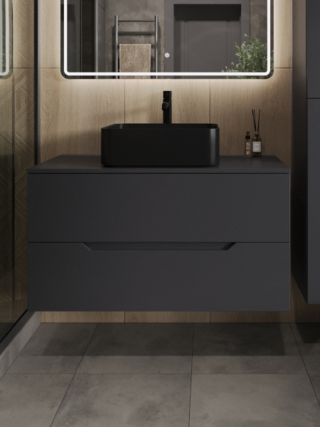 Тумба с раковиной подвесная 100 см, Orange Line Li-100TugMDF+B02-460MB графит/черный