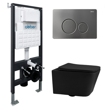 Комплект подвесной унитаз ABBER Rechteck AC1201MB черный матовый с инсталляцией AC0105 и кнопкой AC0121NG никель