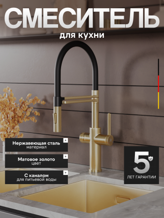 Смеситель для кухни однорычажный с каналом для питьевой воды и гибким изливом Agger Elegant A3252599 золото матовое