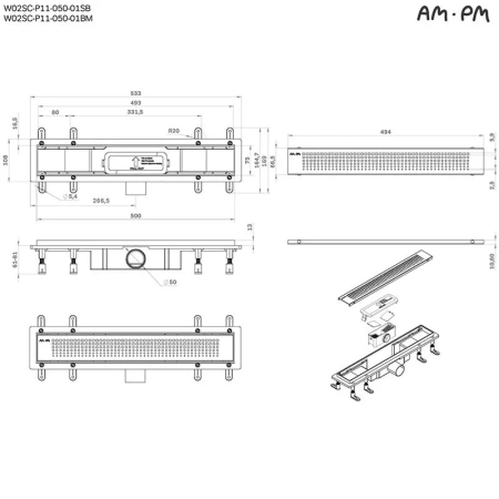 Душевой лоток 50 см Am.Pm PrimeFlow W02SC-P11-050-01BM черный матовый