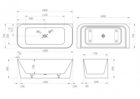 Акриловая ванна (160х75) ABBER AB9223-1.6 без гидромассажа, белый