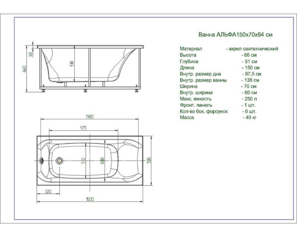 Акриловая ванна Aquatek Альфа 150 ALF150-0000031 Акриловая ванна Aquatek Альфа 150 ALF150-0000031