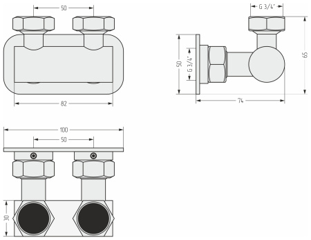 Модуль Сунержа угловой EU50 (2 х НГ G 3/4" / 2 х НГ G 3/4") 9001-1538-3434