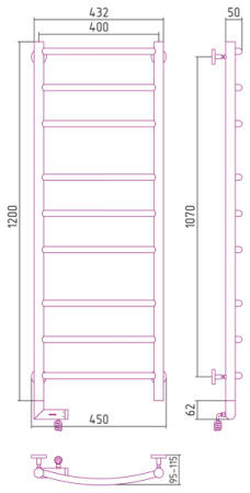 Полотенцесушитель Электрический Cунержа Галант 2.0 Левый (1200x400) ФЛОК Пурпурный 58-5200-1240