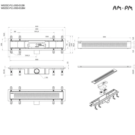 Душевой лоток 50 см Am.Pm PrimeFlow W02SC-P11-050-01SB хром матовый