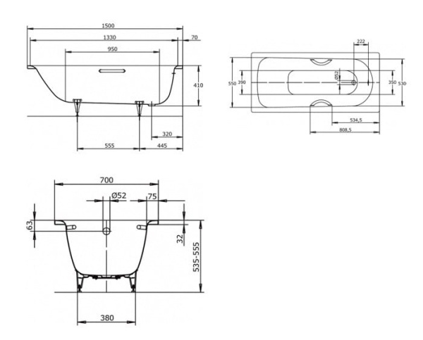 Стальная ванна Kaldewei Saniform Plus Star (150х70) 133100010001
