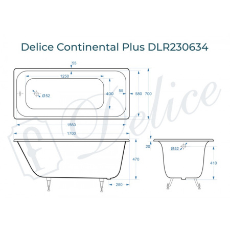 Ванна чугунная (170х70) Delice Continental PLUS DLR230634 без ножек и антискользящего покрытия
