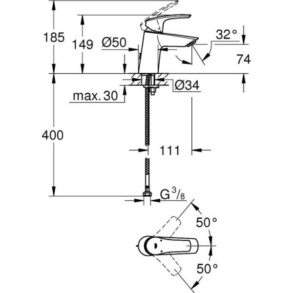 Смеситель для раковины без донного клапана Grohe Eurosmart 23967 003 (23967003) хром