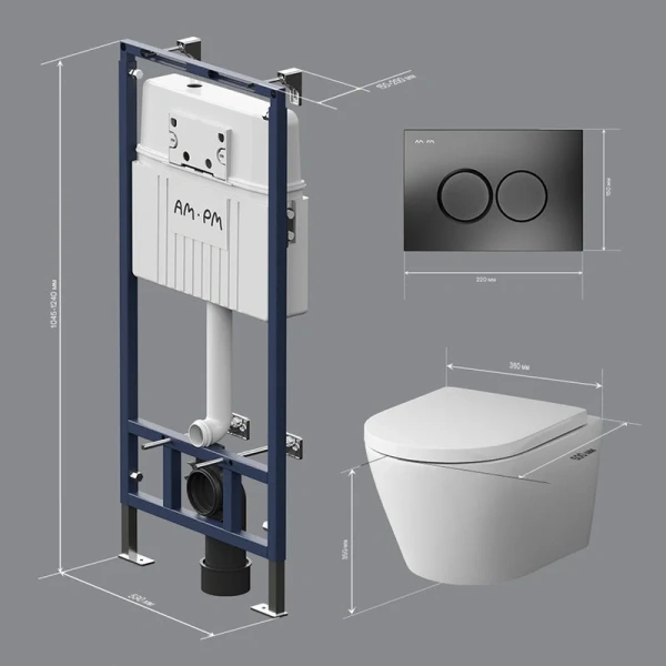 Комплект унитаза с инсталляцией Am.Pm MasterFit Sense IS100138.741701 с сиденьем микролифт, кнопка черный матовый