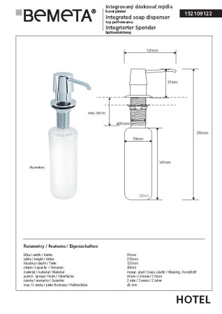 Встроенный дозатор для жидкого мыла Bemeta Hotel 152109122