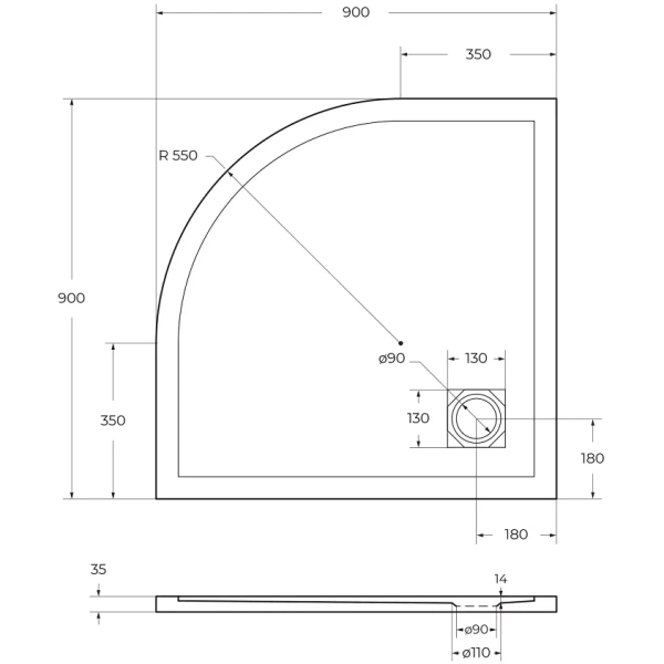 Поддон из искусственного мрамора BelBagno TRAY-MR-UNO-R-90-550-35-W-BO с сифоном белый матовый