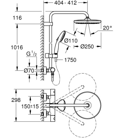 Душевая система с термостатом Grohe Tempesta System 250 26670 001 (26670001) хром