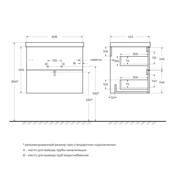 Тумба под раковину BelBagno Due DUE-600-2C-SO-GM-P без ручек, оружейная сталь