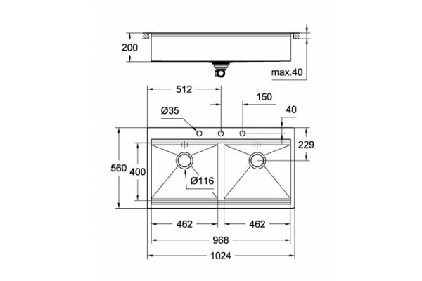 Мойка из нержавеющей стали 2 чаши без корзинчатого вентиля GROHE K800 31585SD1