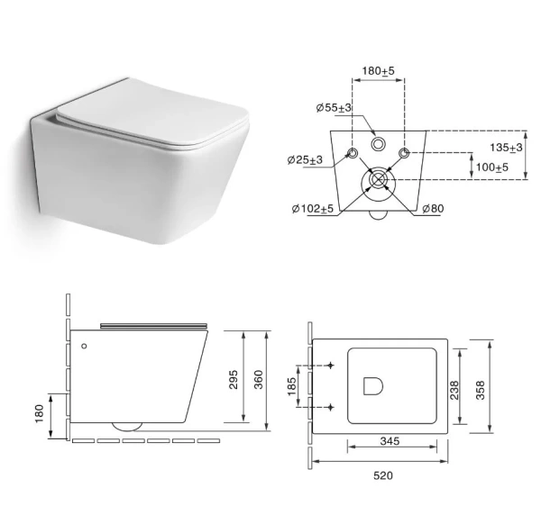 Подвесной безободковый унитаз с функцией биде  SantiLine SL-5004MB-BD 