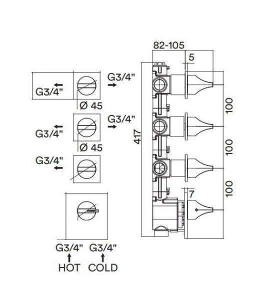 Встраиваемая часть смесителя для ванны термостатический на 5 потребителя Bossini Apice Z030210000