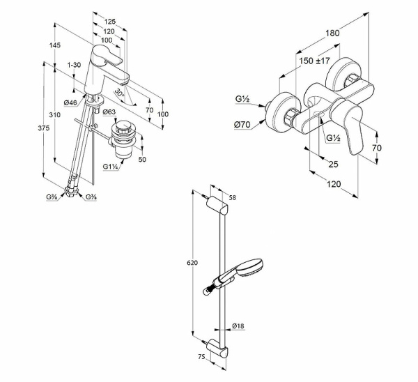 Набор смесителей 3 в 1 Kludi Pure&Easy 378450565