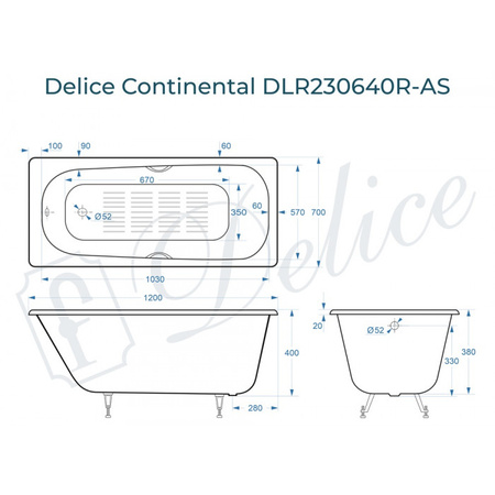Ванна чугунная (120х70) Delice Continental DLR230640R-AS с отверстиями под ручки