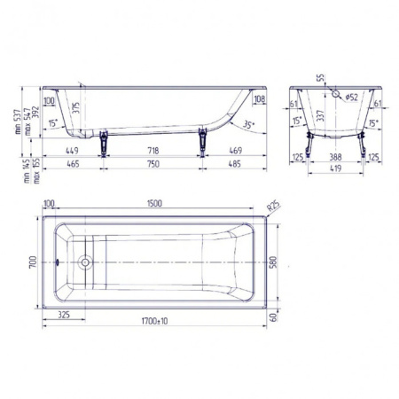 Ванна чугунная (170х70) Delice Parallel DLR220505RB с отверстиями под ручки