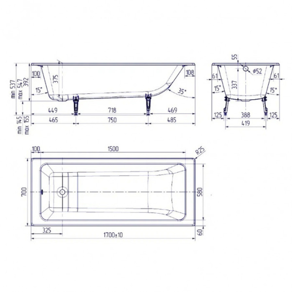 Ванна чугунная (170х70) Delice Parallel DLR220505RB-AS с отверстиями под ручки Ванна чугунная (170х70) Delice Parallel DLR220505RB-AS с отверстиями под ручки