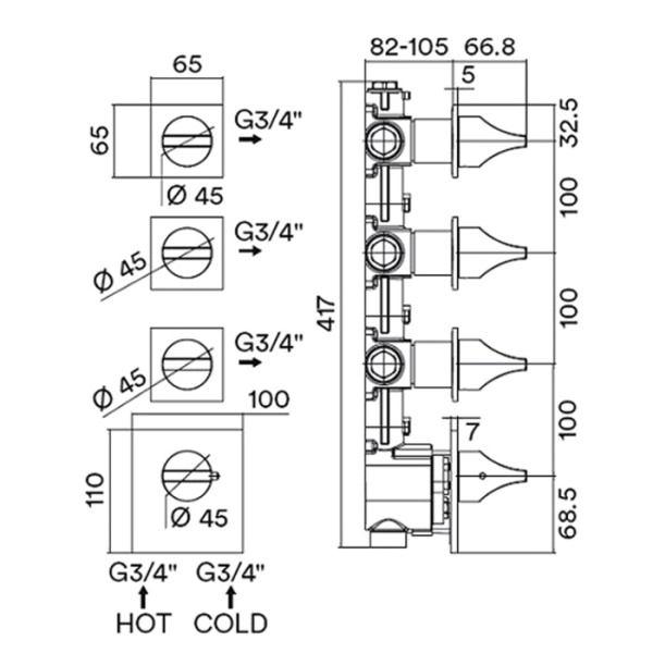Термостат для душа на 3 потребителя Bossini Apice Z035205.030 хром