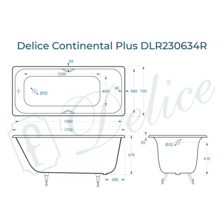 Ванна чугунная (170х70) Delice Continental PLUS DLR230634R с отверстиями под ручки