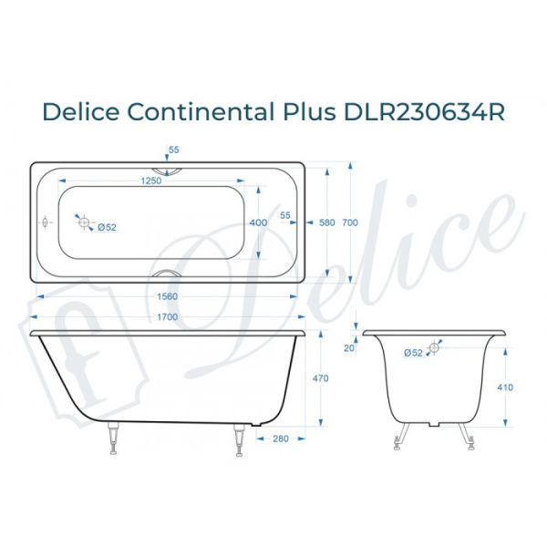 Ванна чугунная (170х70) Delice Continental PLUS DLR230634R с отверстиями под ручки Ванна чугунная (170х70) Delice Continental PLUS DLR230634R с отверстиями под ручки