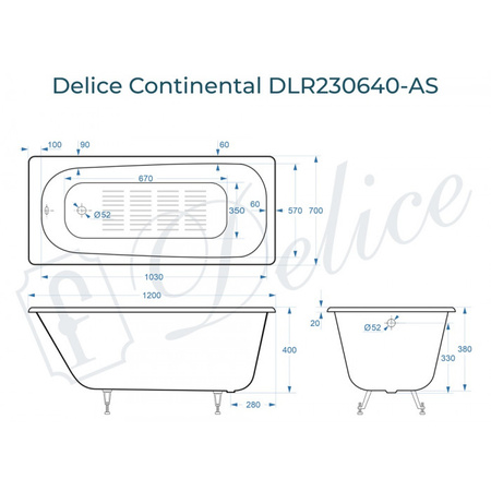 Ванна чугунная (120х70) Delice Continental DLR230640-AS с антискользящим покрытием