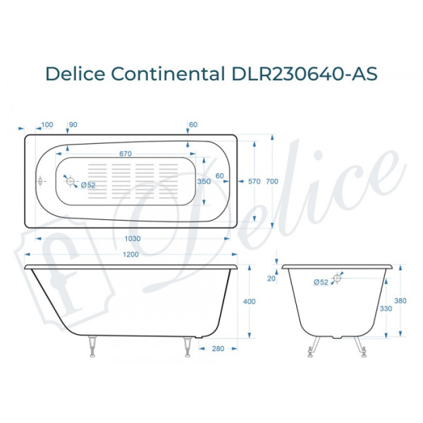 Ванна чугунная (120х70) Delice Continental DLR230640-AS с антискользящим покрытием Ванна чугунная (120х70) Delice Continental DLR230640-AS с антискользящим покрытием