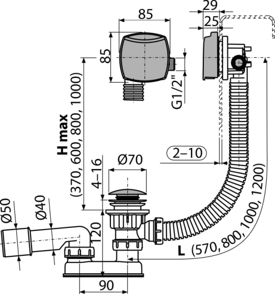 Слив-перелив для ванны AlcaPlast A508CKM-80