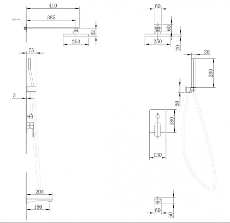 Душевой комплект ABBER Weiss Insel AF8017B скрытого монтажа с изливом, черная матовая