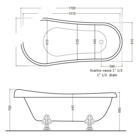 Ванна из литьевого мрамора (170х77) Kerasan Retro 105593 белый, ножки бронза