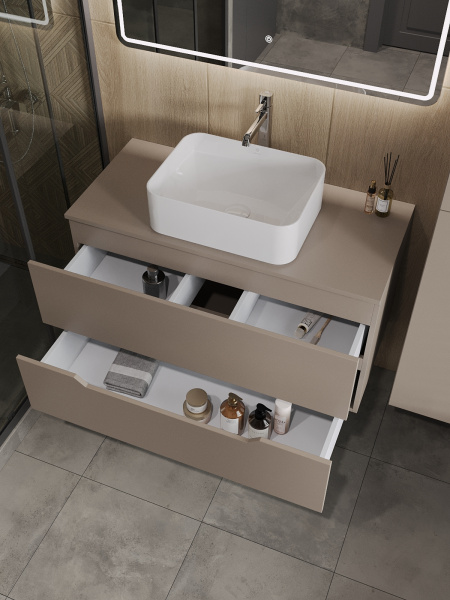 Тумба с раковиной подвесная 100 см, Orange Line Li-100TuLMDF+B02-460W латте/белый