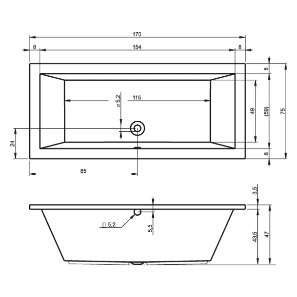 Ванна акриловая RIHO Lusso (170х75) B007001005 без гидромассажа