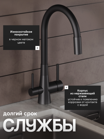 Смеситель для кухни однорычажный с каналом для питьевой воды и гибким изливом Agger Elegant A3230344черный матовый