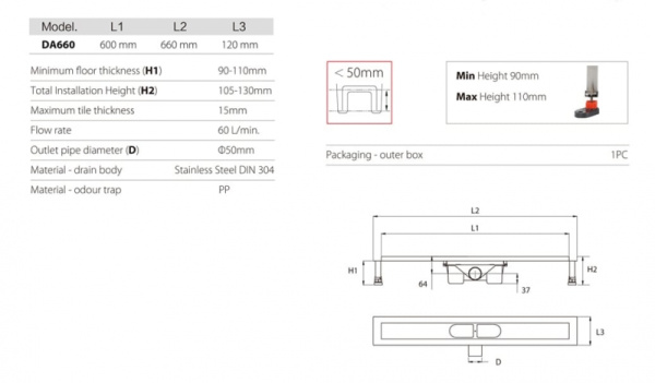 Трап для душа линейный RGW DA-FO600 07210760-02