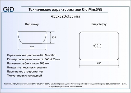 Раковина накладная (46х32,5) Gid Mnc548