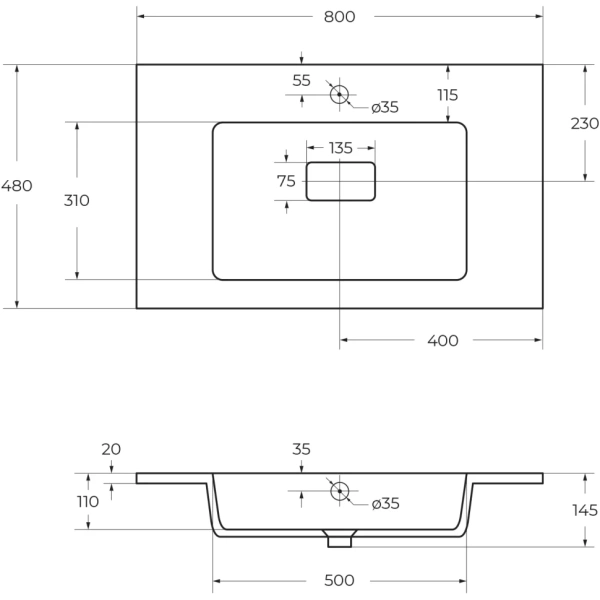 Раковина CEZARES CZR-800/480-LV-MR-PRS