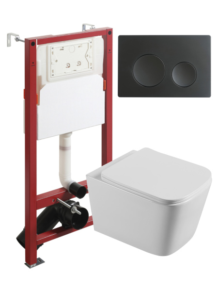 Комплект унитаза с инсталляцией безободковый Agger ATI04100+APB144 кнопка смыва черный