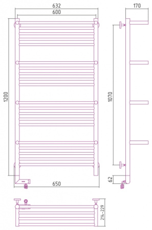 Полотенцесушитель Электрический Cунержа Богема с полкой 2.0 Левый (1200x600) ФЛОК Пурпурный 58-5208-1260