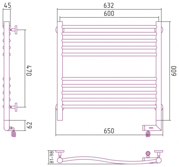 Полотенцесушитель Электрический Cунержа Флюид 2.0 Правый (600х600) Палитра RAL Classic RAL-5221-6060