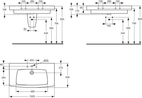 Раковина Ideal Standard Ventuno T001901, прямоугольная, универсальный монтаж, 100 см