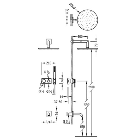 ВСТРАИВАЕМАЯ ТЕРМОСТАТИЧЕСКАЯ ДУШЕВАЯ СИСТЕМА Tres 3V 21027313NM