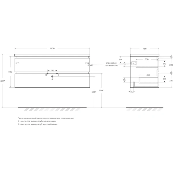 Тумба под раковину Cezares PLANE-1200-2C-SO-BL Bianco Lucido