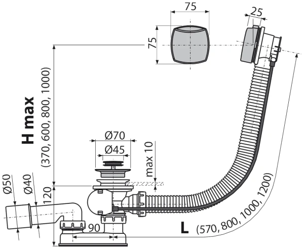 Слив-перелив для ванны пластиковый, Alcaplast A55K NEW (полуавтомат)