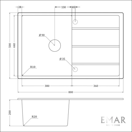 Кухонная мойка (80х50) EMAR EMQ-1800.Q Оникс